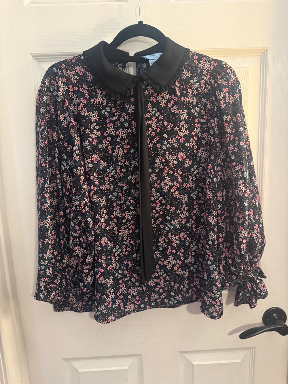 CeCe Black Blouse with Pink Floral Tie-Neck